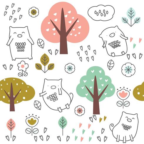 schattige baby varken en bomen cartoon - naadloos patroon vector