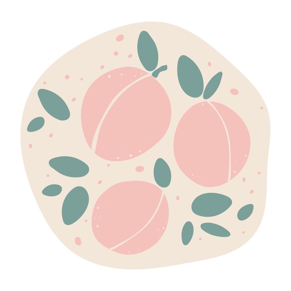 platte perzik hand getekende vectorillustratie. rijp fruit abrikoos, sappige biologische voeding abstracte tekening geïsoleerd op pastel beige achtergrond. trendy woondecoratie. moderne kleurenafdruk vector