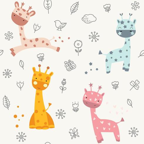 schattige baby giraffe doodle - naadloos patroon vector