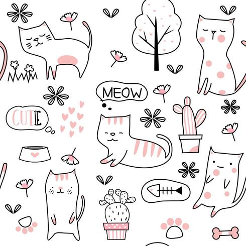 Cactus en baby kat cartoon - naadloos patroon vector