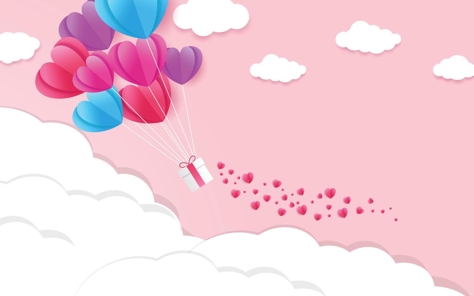 illustratie van liefde en valentijnsdag met hartballon, cadeau en wolken. papier gesneden stijl. vector illustratie