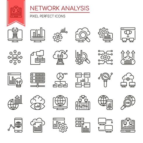 Set van zwarte en witte dunne lijn netwerk analyse iconen vector