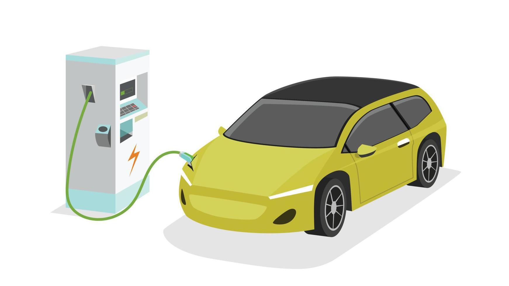 elektrisch voertuig sportwagen opladen parkeren bij het laadstation met een plug-in kabel. opladen in de bovenzijde van auto naar batterij. geïsoleerde platte vectorillustratie op witte achtergrond. vector