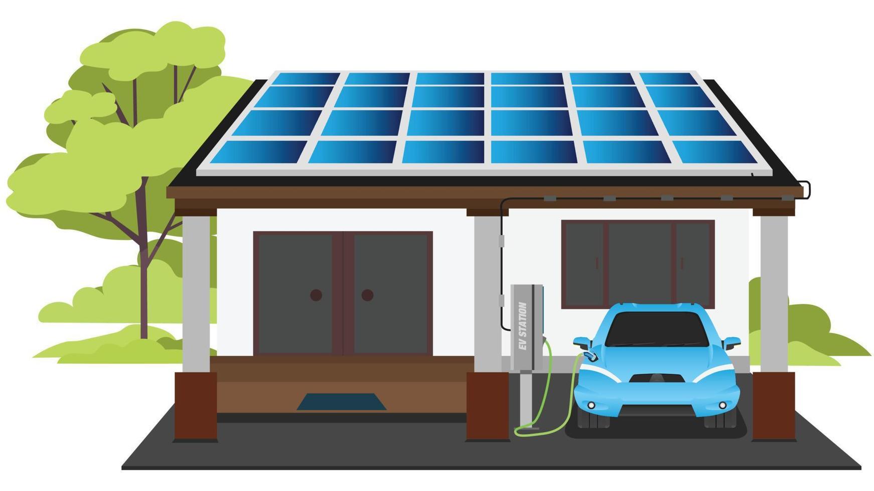 elektrische sportwagen parkeren opladen thuis wallbox oplaadstation. energieopslag met fotovoltaïsche zonnepanelen op het dak van het gebouw. met natuur groene bomen op geïsoleerde witte achtergrond. vector