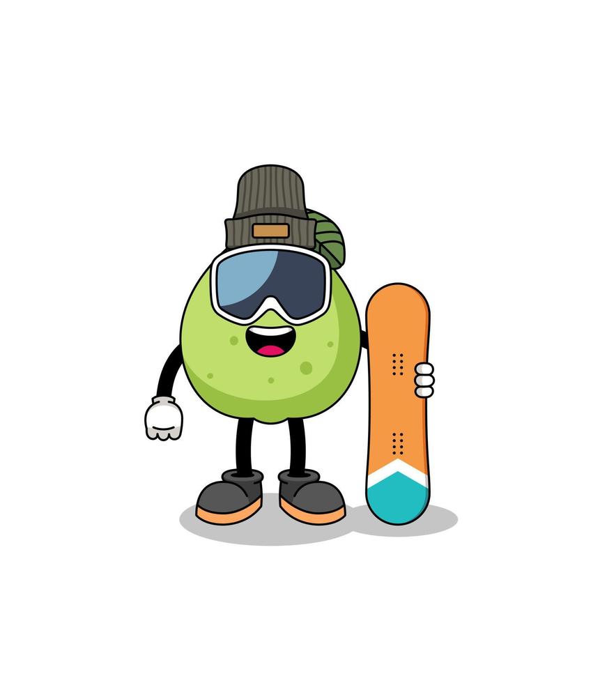mascotte cartoon van guave snowboard speler vector