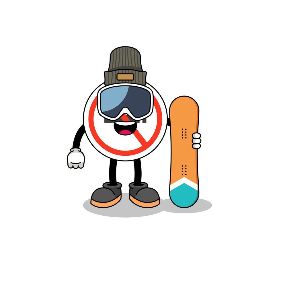 mascotte cartoon van niet roken teken snowboard speler vector