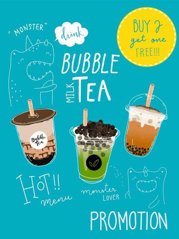 Handgetekende Monster Thema Bubble tea Speciale Promoties Poster vector