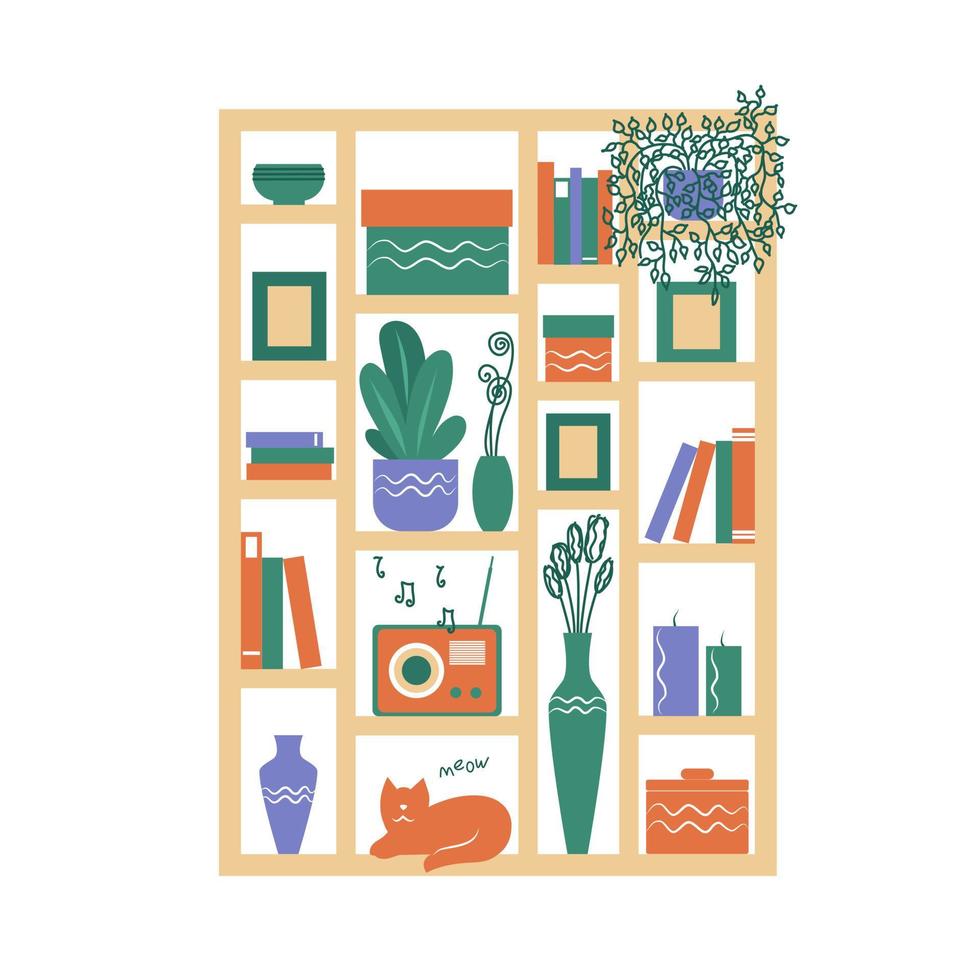 plank met boeken, bloemen, vazen, een radio, een kat. interieur van de woonkamer. vectorillustratie. vector