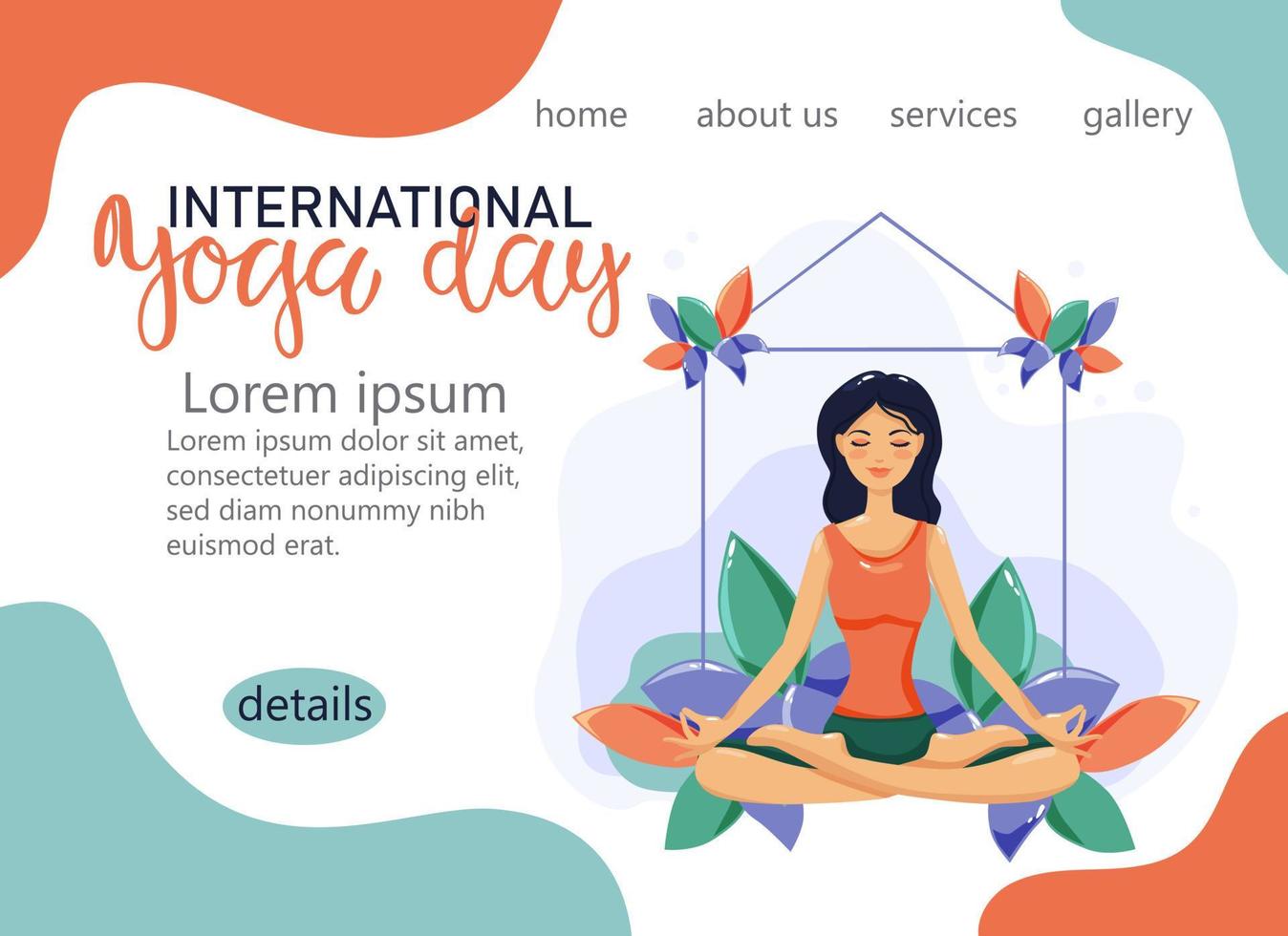 internationale yoga dag website pagina. jonge vrouw zitten in lotus yoga. vectorillustratie. vector