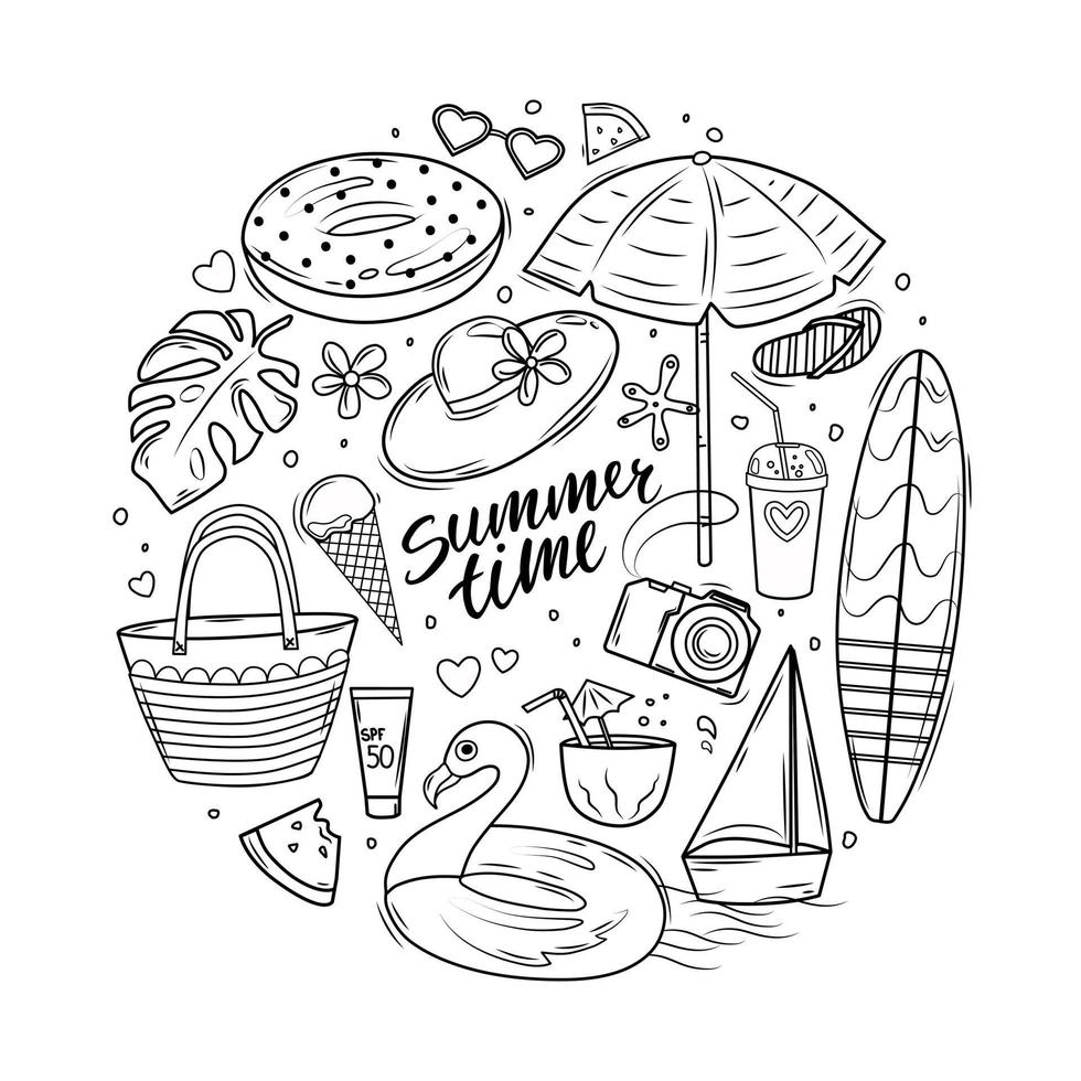 zomer doodle set met belettering, surfplank, parasol, opblaasbare cirkel en strandtas. kleurboek. vectorillustratie. vector