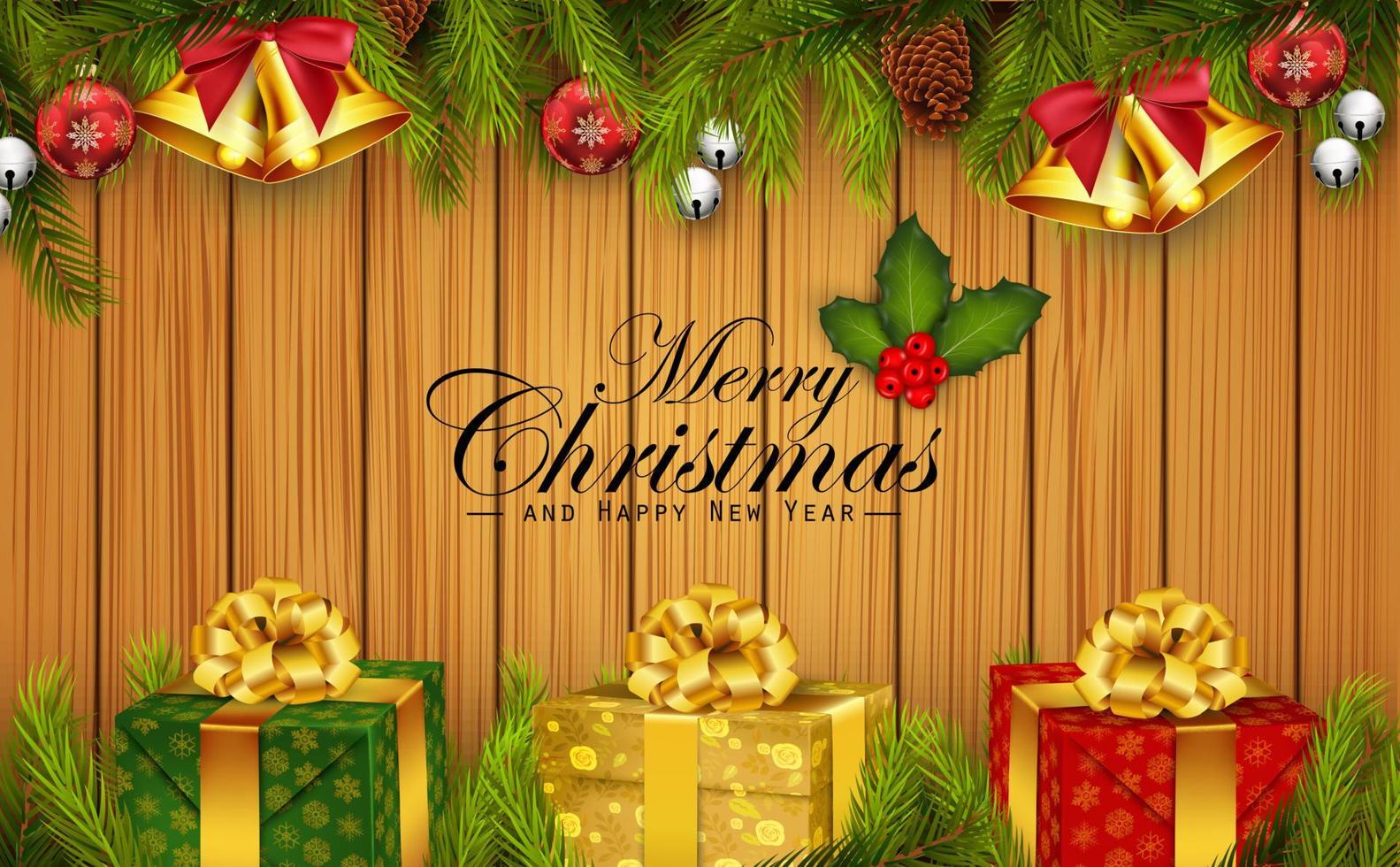 vectorillustratie van kerst houten achtergrond met dennentakken en geschenkdozen vector