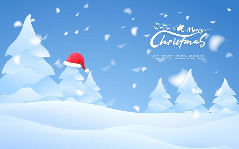 Merry christmas belettering en boom met kerstmuts met besneeuwde achtergrond vector