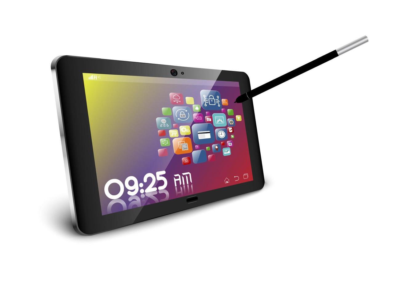 illustratie van tablet pc met toepassingspictogrammen en touch pen geïsoleerd vector