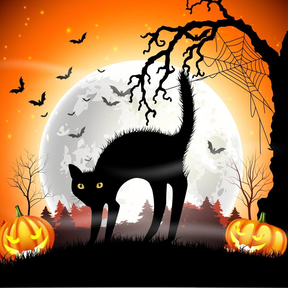 zwarte kat met pompoen halloween op de volle maan vector