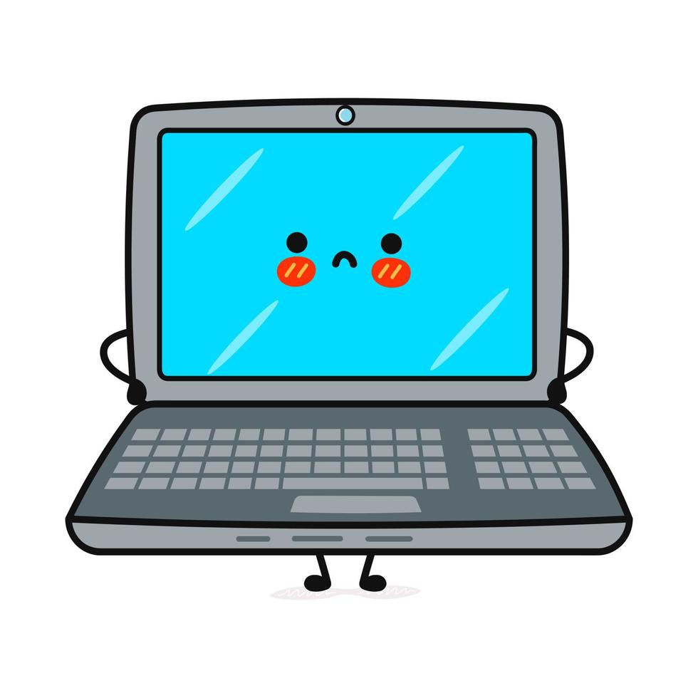 schattig triest laptop karakter. vector hand getekend cartoon kawaii karakter illustratie pictogram. geïsoleerd op blauwe achtergrond. laptop karakter concept