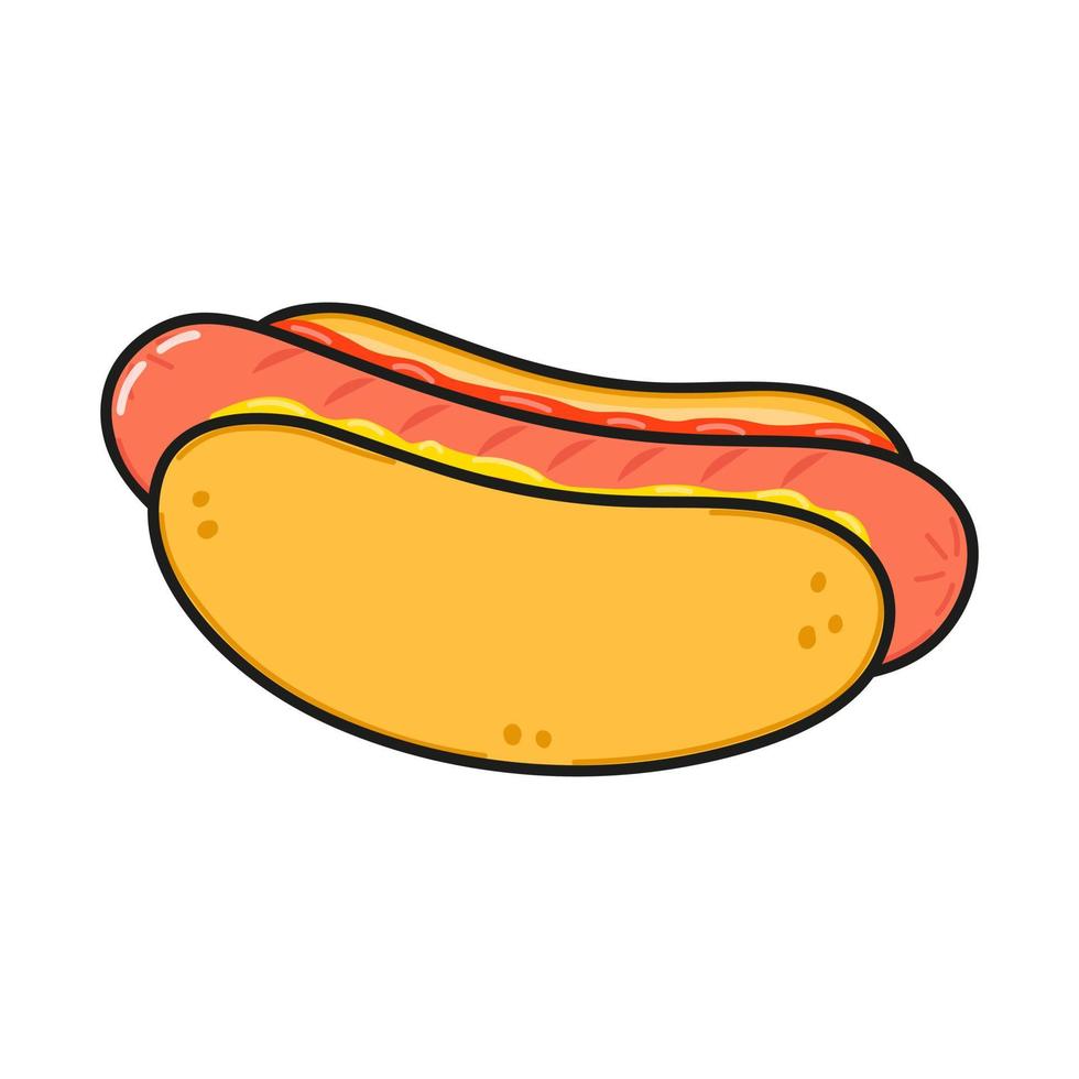 leuk grappig hotdogkarakter. vector hand getekend cartoon kawaii karakter illustratie pictogram. geïsoleerd op een witte achtergrond. hotdog karakter concept