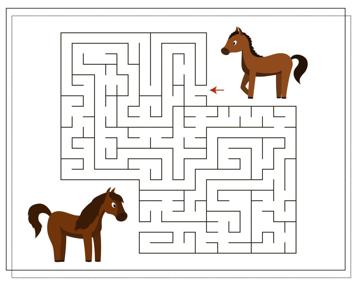 een puzzelspel voor kinderen, ga door het doolhof. help me door het doolhof naar mijn moeder te lopen. boerderijdieren zijn een paard en een veulen vector