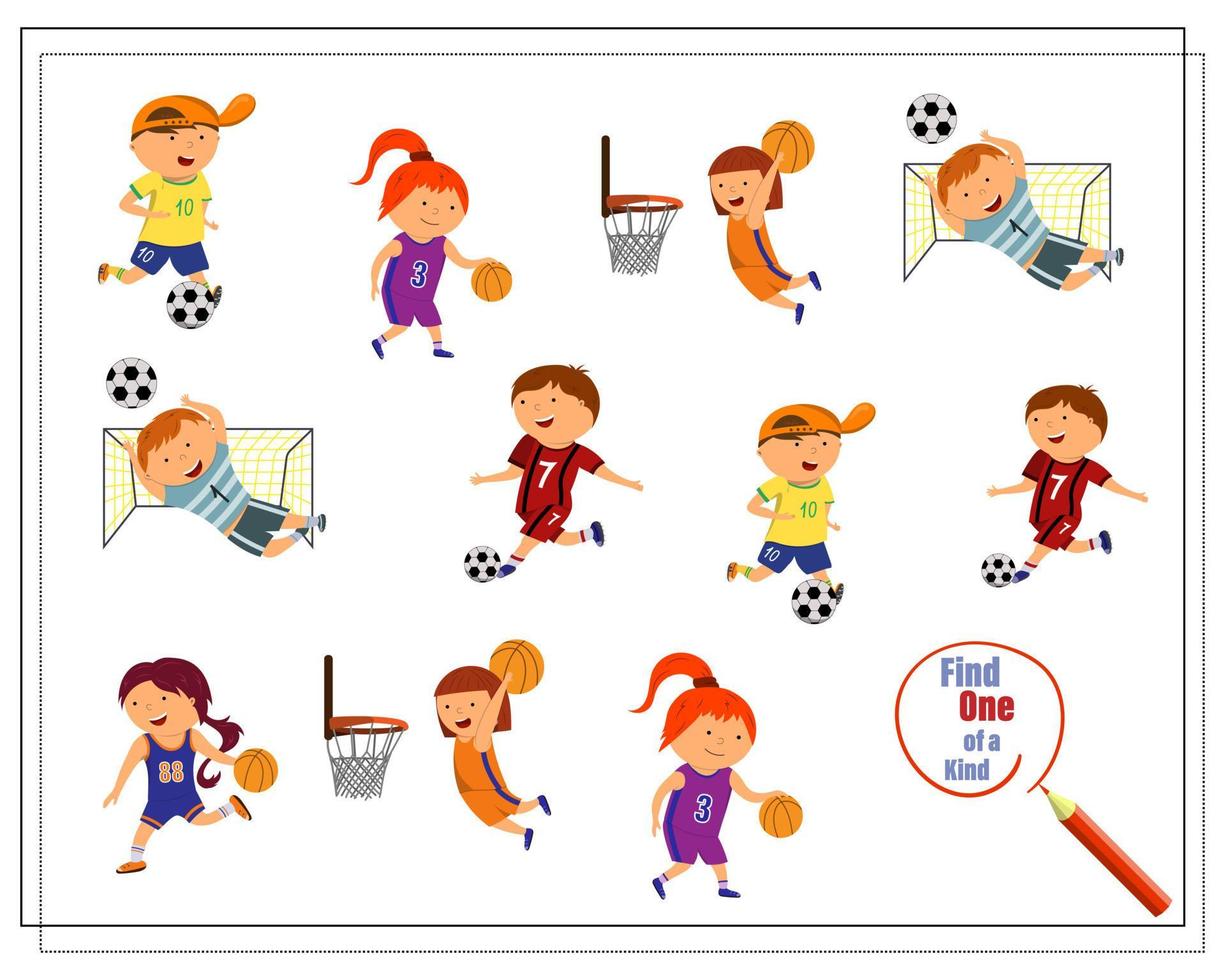 cartoonillustratie van een educatief spel vind een unieke foto met kinderen die voetbal en basketbal spelen vector