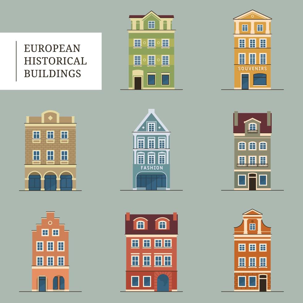 set van Europese historische gebouwen. traditionele amsterdam, nederlandse architectuur. vectorillustratie. vector