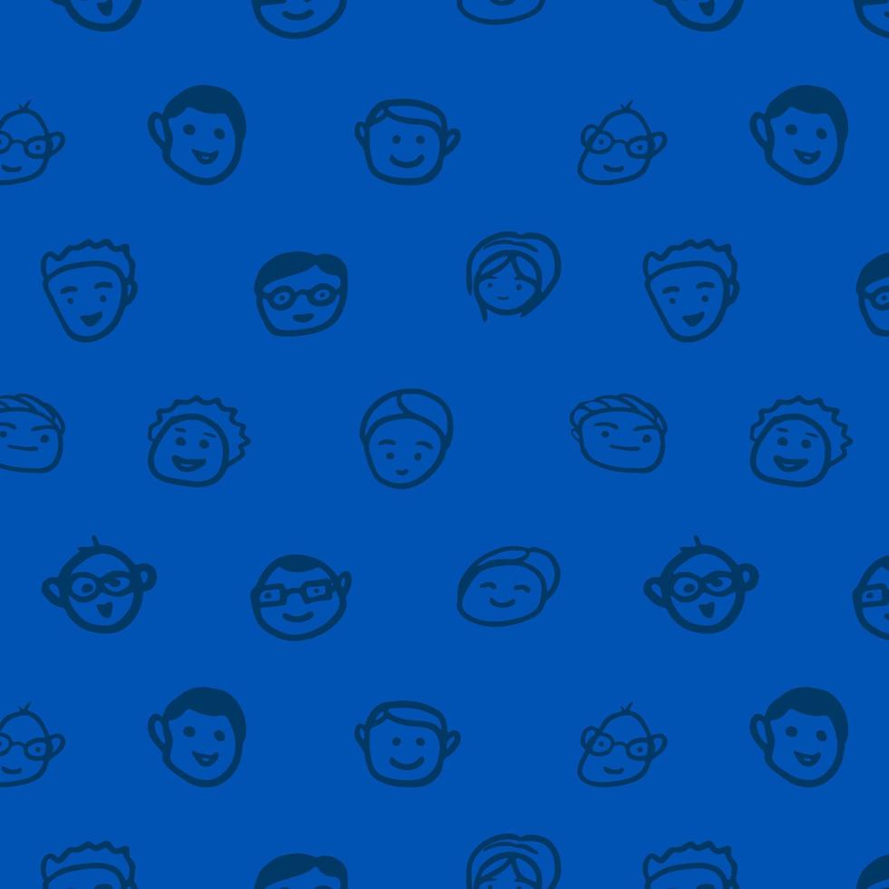 doodle gezicht vector naadloze patroon, menselijk hoofd schets tekening grafische achtergrond, blauwe omtrek behang, stof print sjabloon, eenvoudige mensen vorm decoratie papier plakboek.