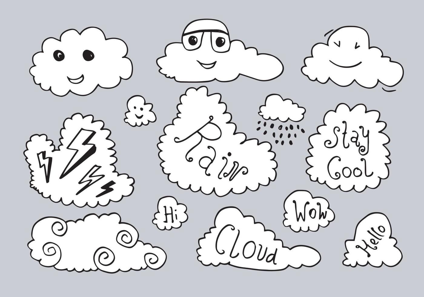 kawaii weerbericht icoon. schattige hand getekende vector wolk. met grappig schrijven blijf cool, wow en hallo. wolken geïsoleerd op een grijs witte achtergrond. vectorillustratie.