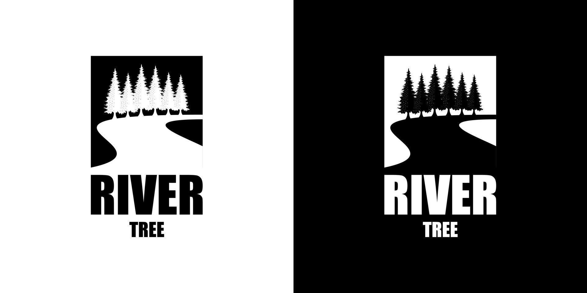 dennenboom en rivier of kreek groenblijvende Timberland logo ontwerp vector