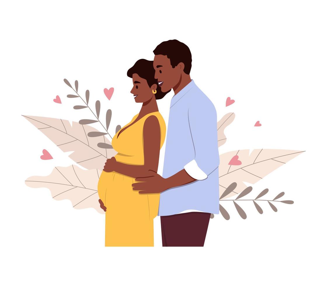 een gelukkig stel dat een baby verwacht. Afro-Amerikaanse zwangere vrouw en haar man. gezamenlijke geboorte concept. vector illustratie