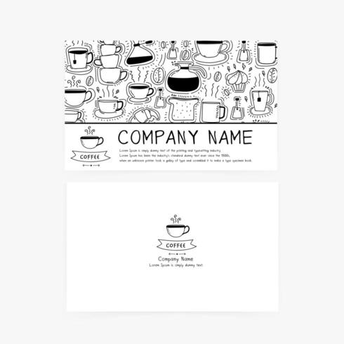 Visitekaartjes met hand getrokken doodle koffie pictogrammen voor coffeeshop of restaurant. vector