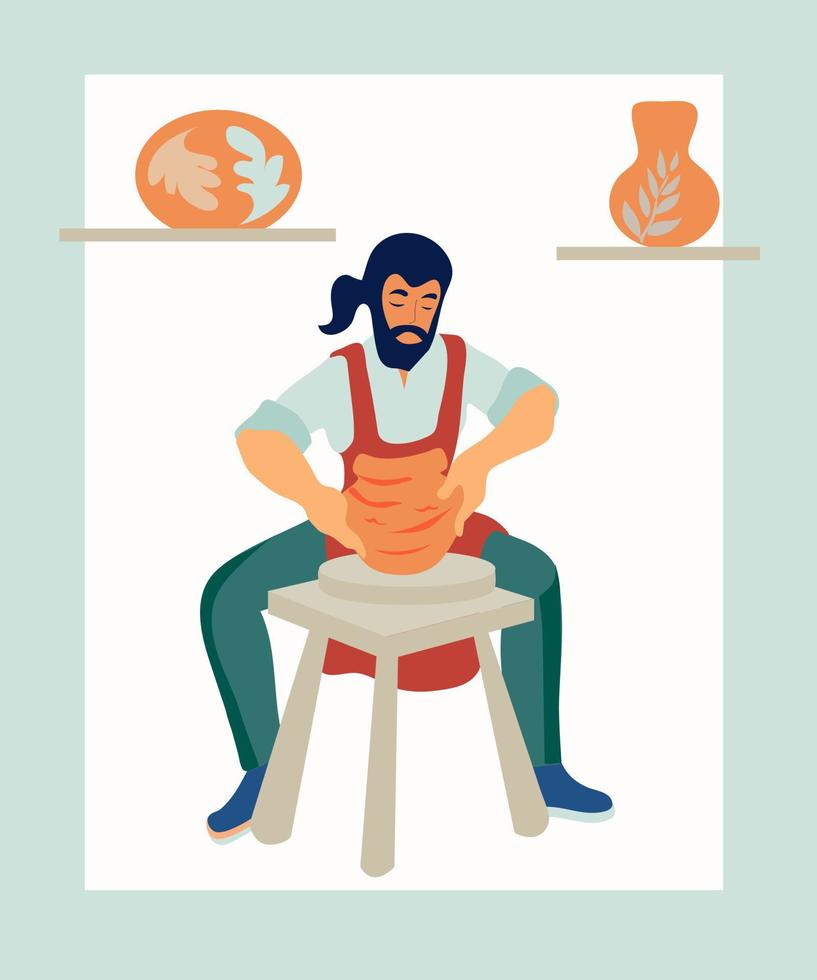 een mannelijke keramist werkt op een pottenbakkersschijf in een keramische werkplaats platte vectorillustratie geïsoleerd op een witte achtergrond. het idee voor het ontwerp van masterclasses en ambachtswinkels, evenals logo's. vector
