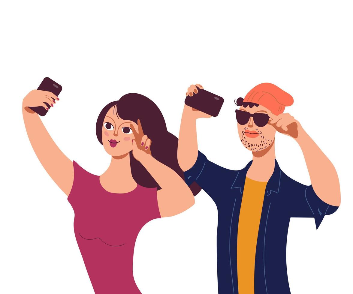 selfie en smartphone verslaving concept met jonge man en vrouw karakters nemen selfie foto, platte cartoon vectorillustratie geïsoleerd op een witte achtergrond. moderne levensstijl. vector