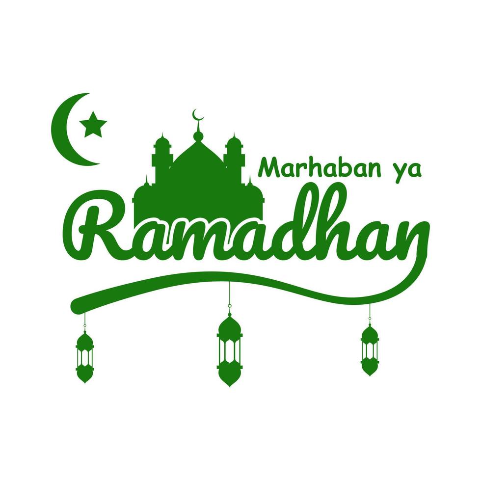 marhaban ya ramadan groet met hand belettering kalligrafie en illustratie. vector