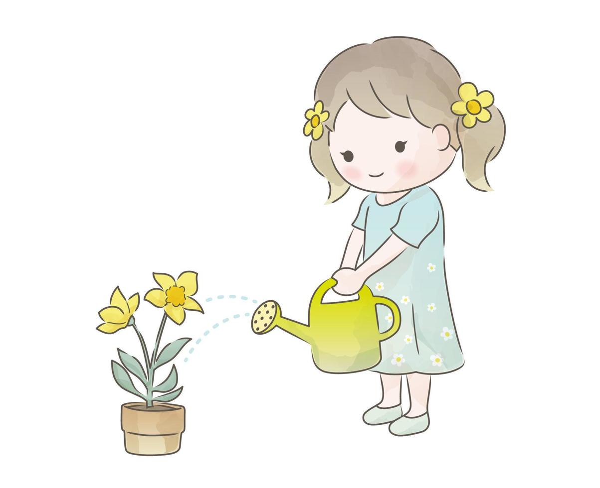 aquarel schattig meisje drenken potplanten geïsoleerd op een witte achtergrond. vectorillustratie. vector