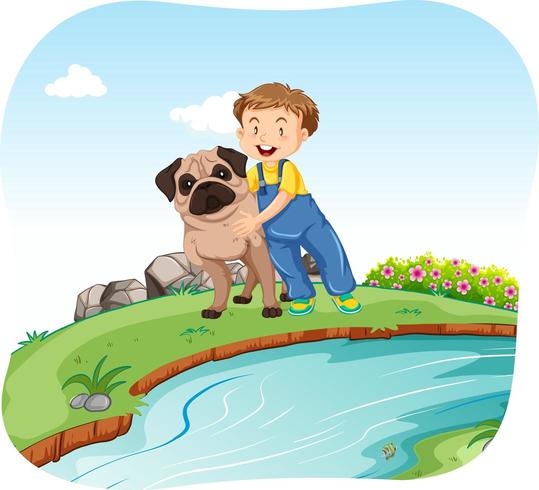 Kleine jongen en hond aan de rivier vector