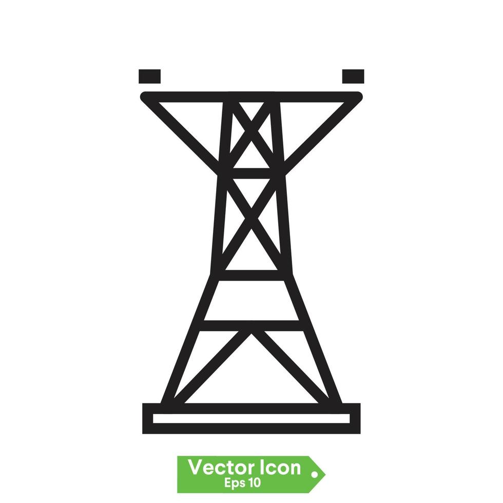 rooster toren en bovengrondse hoogspanningslijn geïsoleerd dunne lijn icoon. vector tweefasige transmissie torens hoogspanningslijnen schetsen teken. hoogspanningsmaststructuur, stalen roostertoren om hoogspanningslijn te ondersteunen;