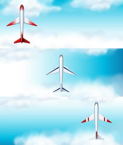 Drie scènes van vliegtuig dat overdag vliegt vector
