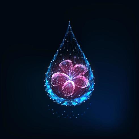 Gloeiende lage veelhoekige waterdruppel met abstracte paarse bloem vector