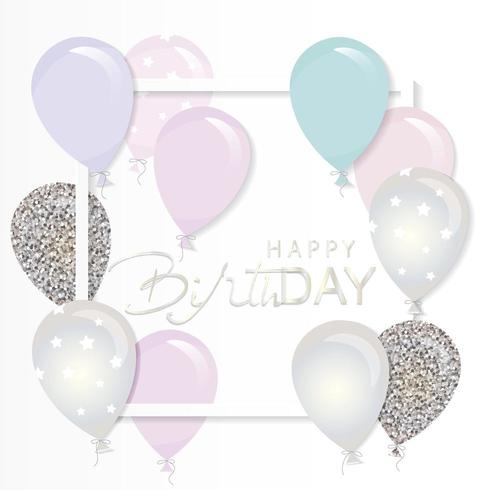 Pastel ballonnen en zilveren glitter verjaardag en vakantie kaart papier uitgesneden frame sjabloon vector