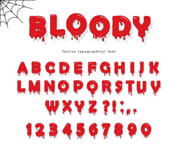Halloween bloed lettertype. Abc heldere rode vloeibare letters en cijfers. vector