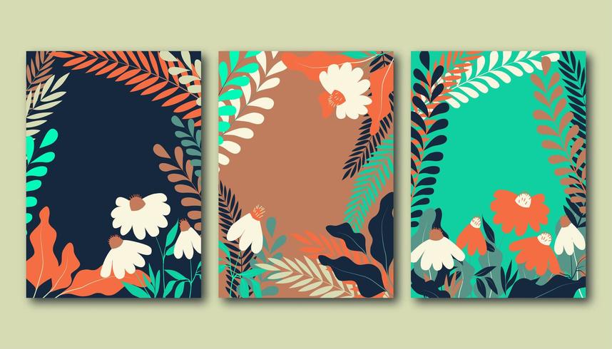 Set zomerposters met platte kamillebloemen, graslandplanten en bladeren vector