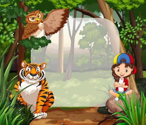 Klein meisje en wilde dieren in de jungle vector