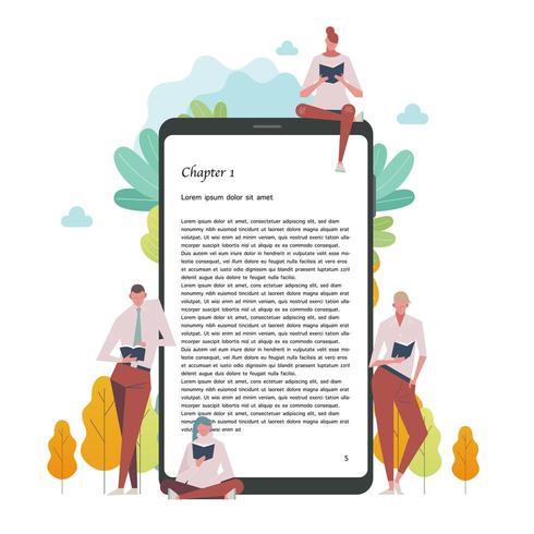 Mensen lezen boeken met een digitaal apparaat vector