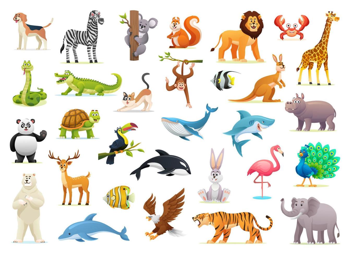 set van wilde dieren cartoon illustraties geïsoleerd op een witte achtergrond vector