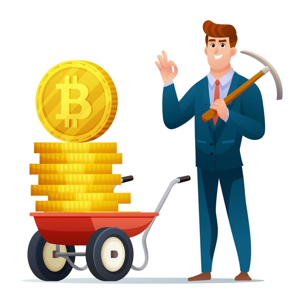 crypto-mijnwerker met houweel en kruiwagen vol met cryptomunten concept illustratie vector