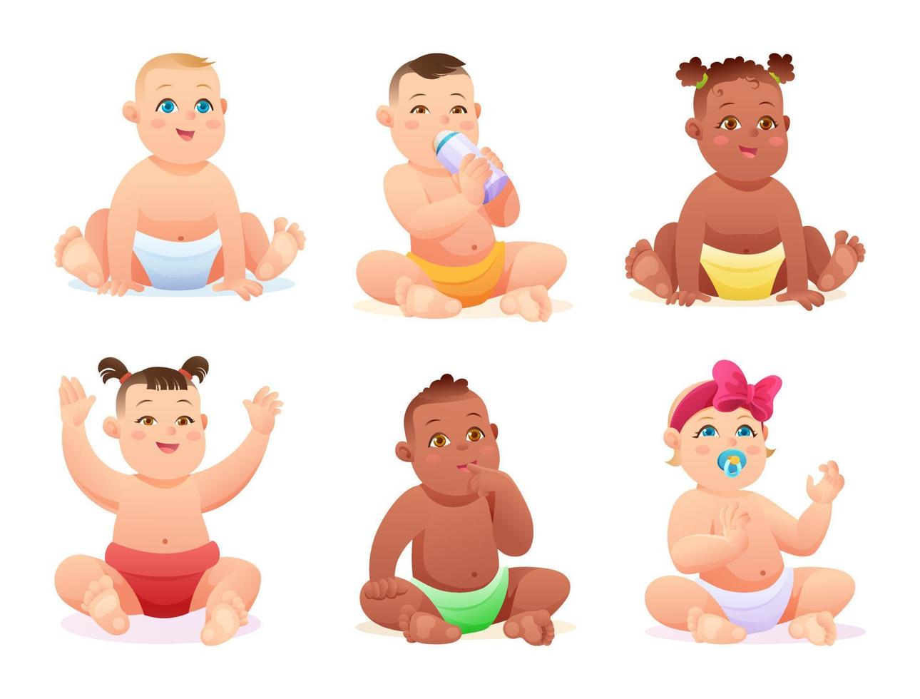 set van schattige multi-etnische baby jongens en meisjes met luiers in verschillende poses vector stripfiguur