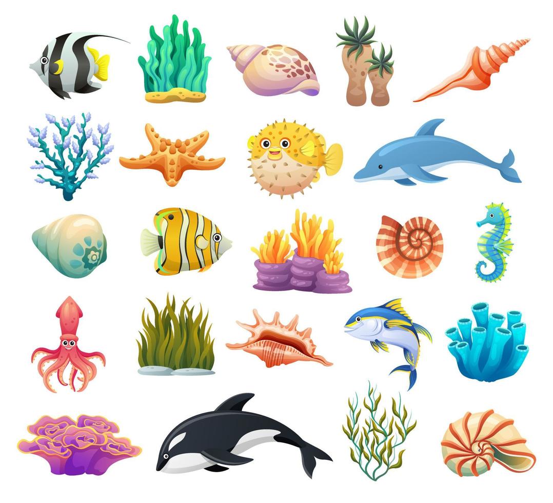 set van vissen, zeedieren, schelpen en koraalrif cartoon afbeelding vector