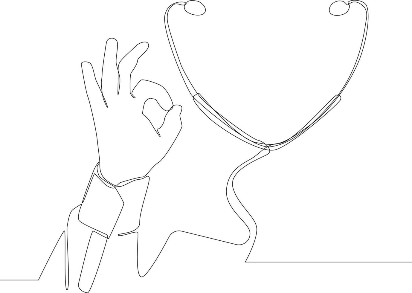 eenvoudige doorlopende lijntekening stethoscoop en gebaren goedkeuring expressie doen oke symbool met vingers ondertekenen geïsoleerd op een witte achtergrond. symbool geneeskunde. vector illustratie