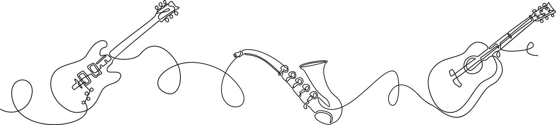 doorlopende lijntekening van jazzinstrument. muziekinstrumenten elektrische gitaar, gitaar en saxofoon vector