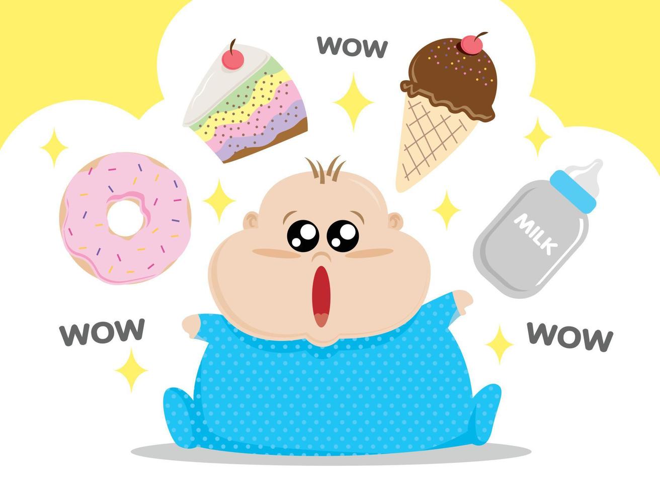 schattige dikke baby met donut, cake, ijs en melk. dikke baby illustratie vector. vector