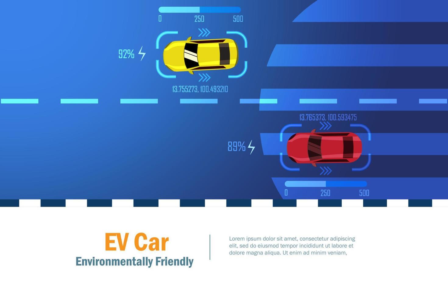 ev auto, elektrisch voertuig opladen batterij rijden op de weg. duurzame groene en schone energiebronnen voor milieu en natuur. alternatieve energie in de transporttechnologie. vector