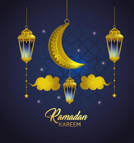 lampen met wolken en maan hangen voor ramadan kareem vector